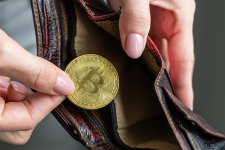 Metal bitcoins in brown leather wallet. Bitcoin - modern virtual