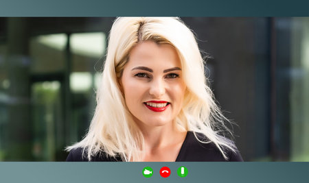 Positive beautiful influential Caucasian mature woman, top company manager talking online with...