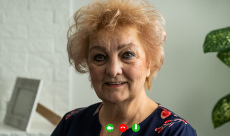 POV old senior woman video call virtual meeting with family