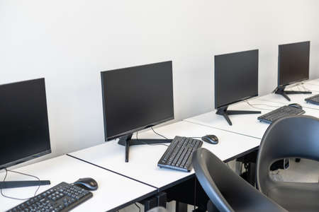 empty call center, Laptop on desk at office.の写真素材