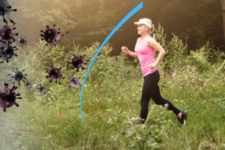 woman against bacteria and disease. virtual barrier as virus protectionの写真素材