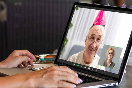 online conversation on laptop and virtual video conference meeting. online working, video call due...