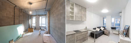 Room with unfinished walls and a room after repair. Before and after renovation in new housingの写真素材