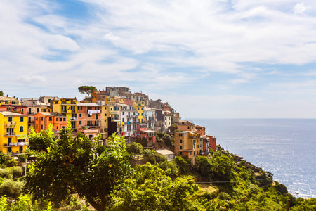 Scenic view of colorful houses in Cinque terre village Riomaggiore, Manarola