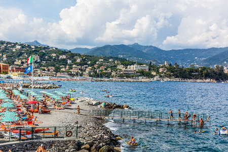 Landscape view of the little city and beach of Camogli in the mediterranean coast of Liguria in Italyのeditorial素材
