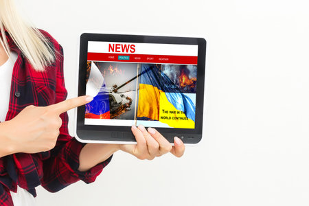 Flags of Russia and Ukraine. Russian-Ukrainian conflict.の写真素材