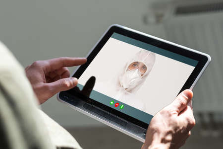 Remote Medical Consultancy. Doctor Consulting Patient Via Web Conference On Digital Tablet, Treatment Prescriptions Online, Enjoying Telemedicine, Creative Collageの写真素材