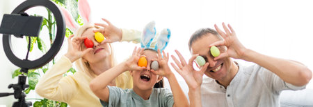 Father, mother and her child enjoy painting Easter eggs. Shop Online for happy easter decoration....