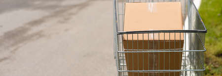 Shopping cart with carton box, a box in trolleyの写真素材