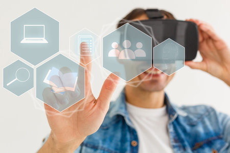 Metaverse. businessman wearing VR virtual reality headset hand touching virtual screen global link...