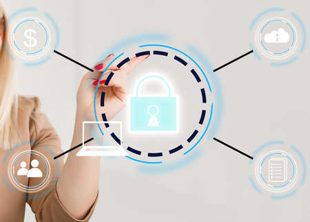 Cyber security network. Padlock icon and internet technology networking. Businessman protecting data personal information on tablet and virtual interface. Data protection privacy concept.の写真素材