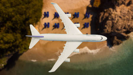 Airplane fly above beautiful nature landscape island, Tourism destination, Background for banner summer holiday vacation travel tripの写真素材