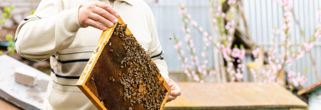 beekeepers hand holds empty eaten honeycombs
