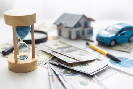 Car insurance concept. car model drive on money with insurance paper backgroundの写真素材