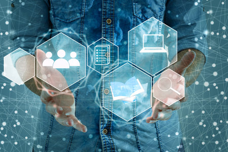 Internet and cybersecurity concept. A businessman is protecting personal data on mobile or...