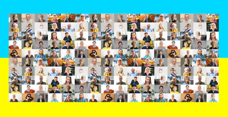Collage of many smiling happy people children with a flag or heart, in embroidered shirts, against...