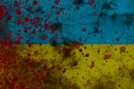 Banner calling to stop the war in Ukraine. There is no war. Ukrainian flag with blood splatter. Support Ukraineの写真素材