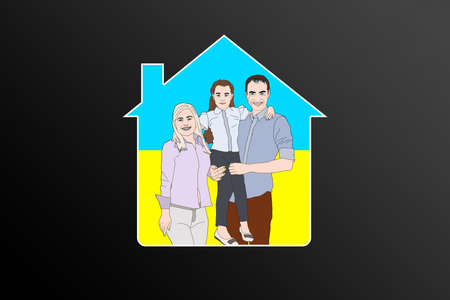 Happy smiling Ukrainian family on the background of the Ukrainian flagの写真素材