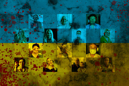 Collage of many smiling happy people children with a flag or heart, in embroidered shirts, against the background of nature. Flag Day, Constitution, Unity, Independence day of Ukraine Bannerの写真素材