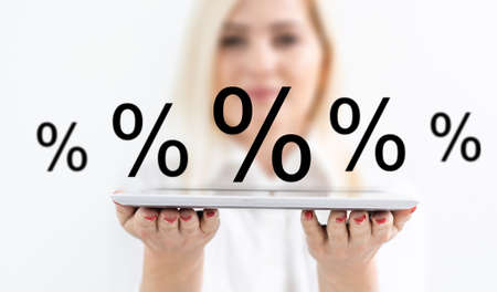 Discount Percentage Sign. Hand Showing Discount Percent.の写真素材