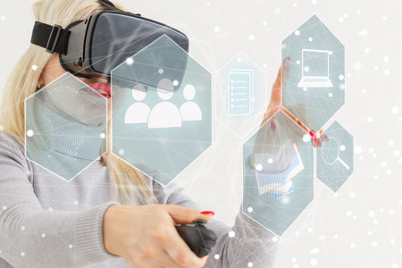 online virtual glasses icons. woman touch virtual hologram