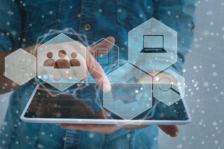 Mobile banking network, online payment, digital marketing. Business people using mobile phone and...
