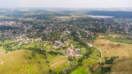 hilly landscape. Beautiful view with hills, clouds and trees. The nature.の写真素材