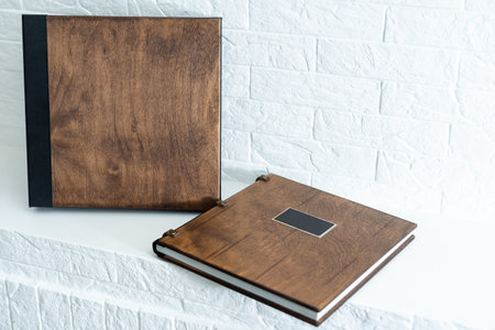 Luxury wooden photo book, wooden box with summer photos printed and flash card on linen natural...