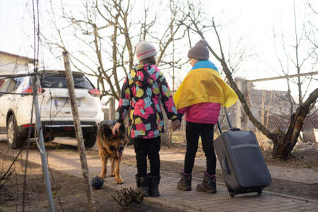 two little girls with the flag of ukraine, suitcase, dogs. Ukraine war migration. Collection of things in a suitcase. Flag of Ukraine, help. Krizin, military conflict.の写真素材