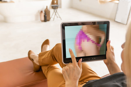 woman watching video of sexy women in tablet screen, blur concept.
