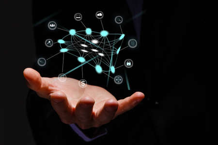 Digital communication and virtual screen metaverse technology concept WEB 3.0.hand touch globe internet.の写真素材