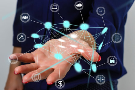 Hand touching modern interface digital transformation and metaverse concept. Connection next...