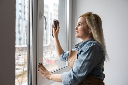 Cleaning window with rag and cleanser spray at home