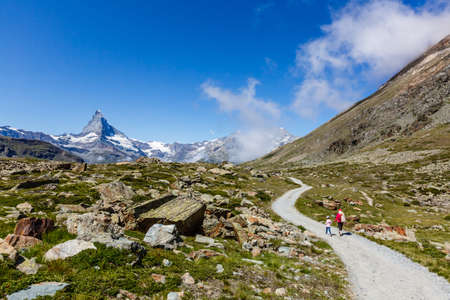 Amazing view of touristic trail near the Matterhorn in the Swiss Alps.の写真素材