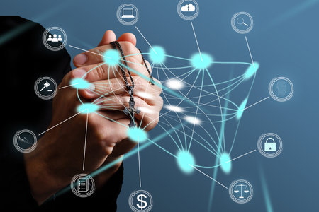 Hand touching modern interface digital transformation and metaverse concept. Connection next...