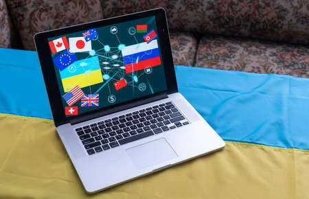 stop war and patriot. laptop, flag of ukraineの写真素材