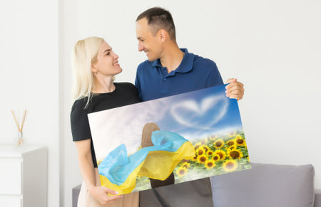 flag of ukraine oil painting on canvas. photo canvas with the flag of Ukraineの写真素材