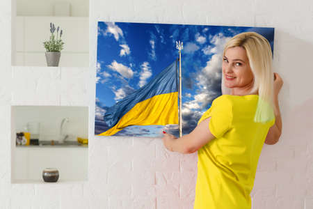 flag of ukraine oil painting on canvas. photo canvas with the flag of Ukraineの写真素材