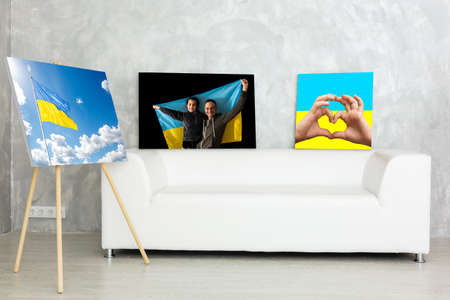 flag of ukraine oil painting on canvas. photo canvas with the flag of Ukraineの写真素材