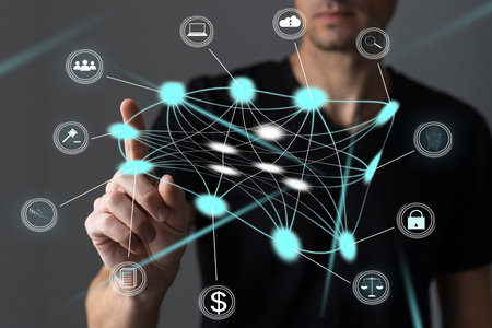 Digital communication and virtual screen metaverse technology concept WEB 3.0.hand touch globe...