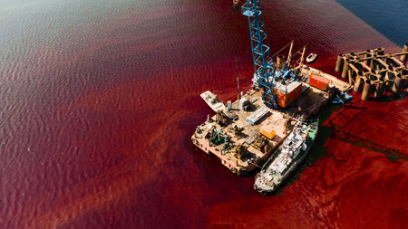 An old rusty red and brown barge in red water. Urban and industrial decay concept.