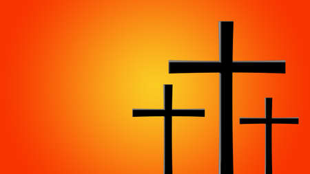 Crucifixion Of Jesus Christ., Three cross silhouette on the mountain at sunsetの写真素材