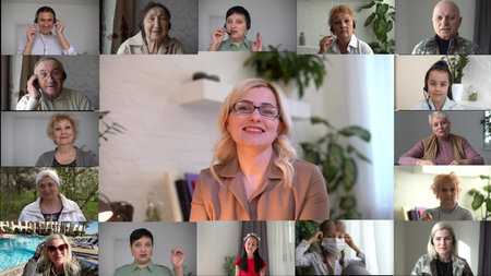 Team of work colleagues displayed on screens talking and brainstorming on video call. working in...
