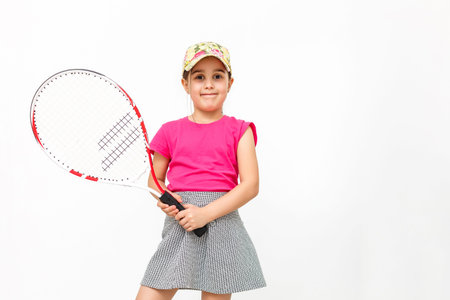 little girl with a tennis racket isolated on a over white