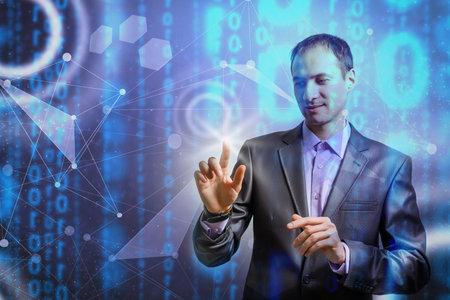 Businessman hand touching map point, network connection, international meaning, copy space