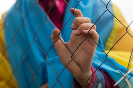 A little refugee girl with a sad look behind a metal fence. Social problem of refugees and internally displaced persons. Russias war against the Ukrainian peopleの写真素材
