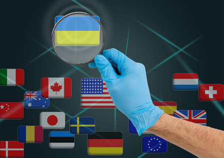 Hand pushing on a touch screen interface, choosing Ukraine. flags of the world