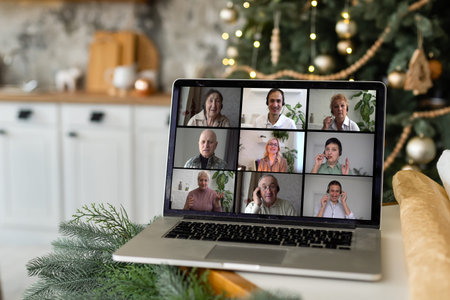 Virtual Christmas meeting team teleworking. Family video call remote conference Computer webcam...