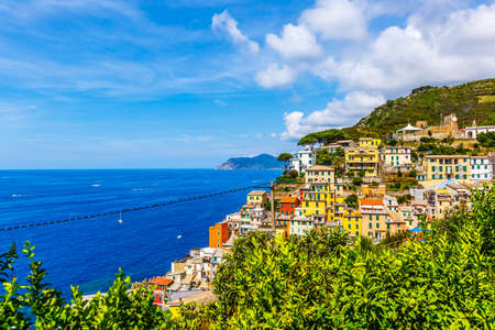 Scenic view of colorful houses in Cinque terre village Riomaggiore, Manarolaの写真素材