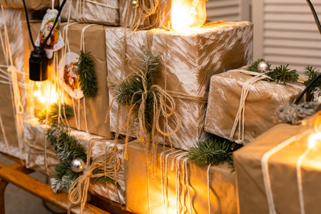christmas boxes gifts on sledges. Present box in craft paper. Holiday concept. Xmas, Christmas...